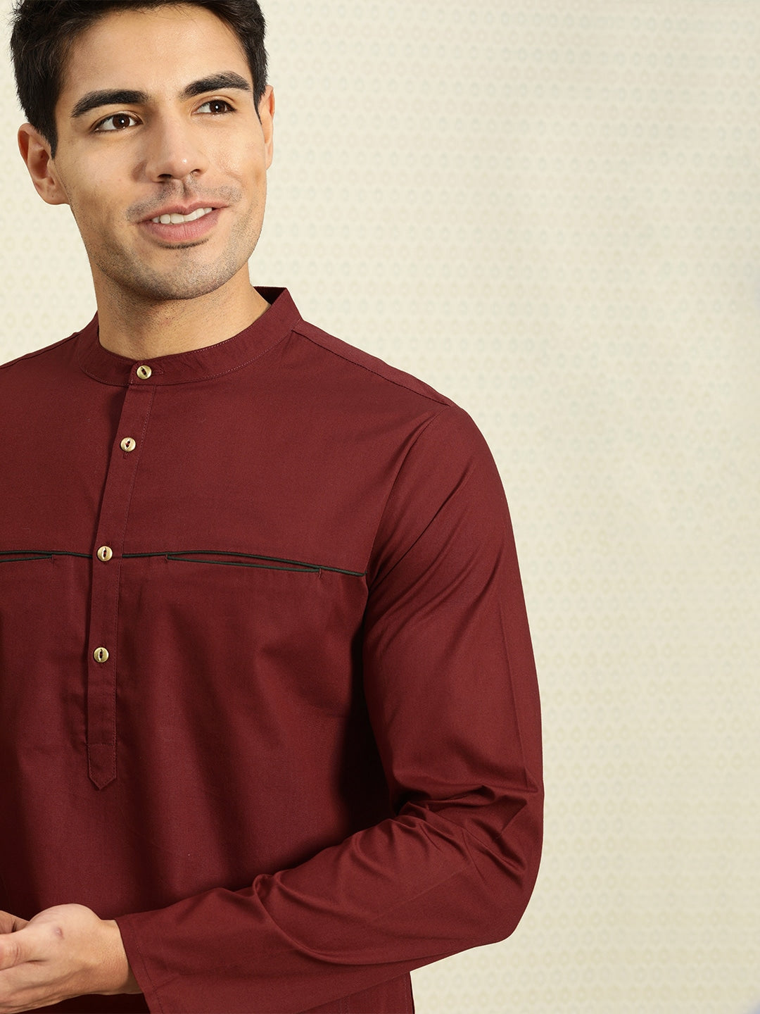 House of Pataudi Men Maroon Solid Straight Kurta