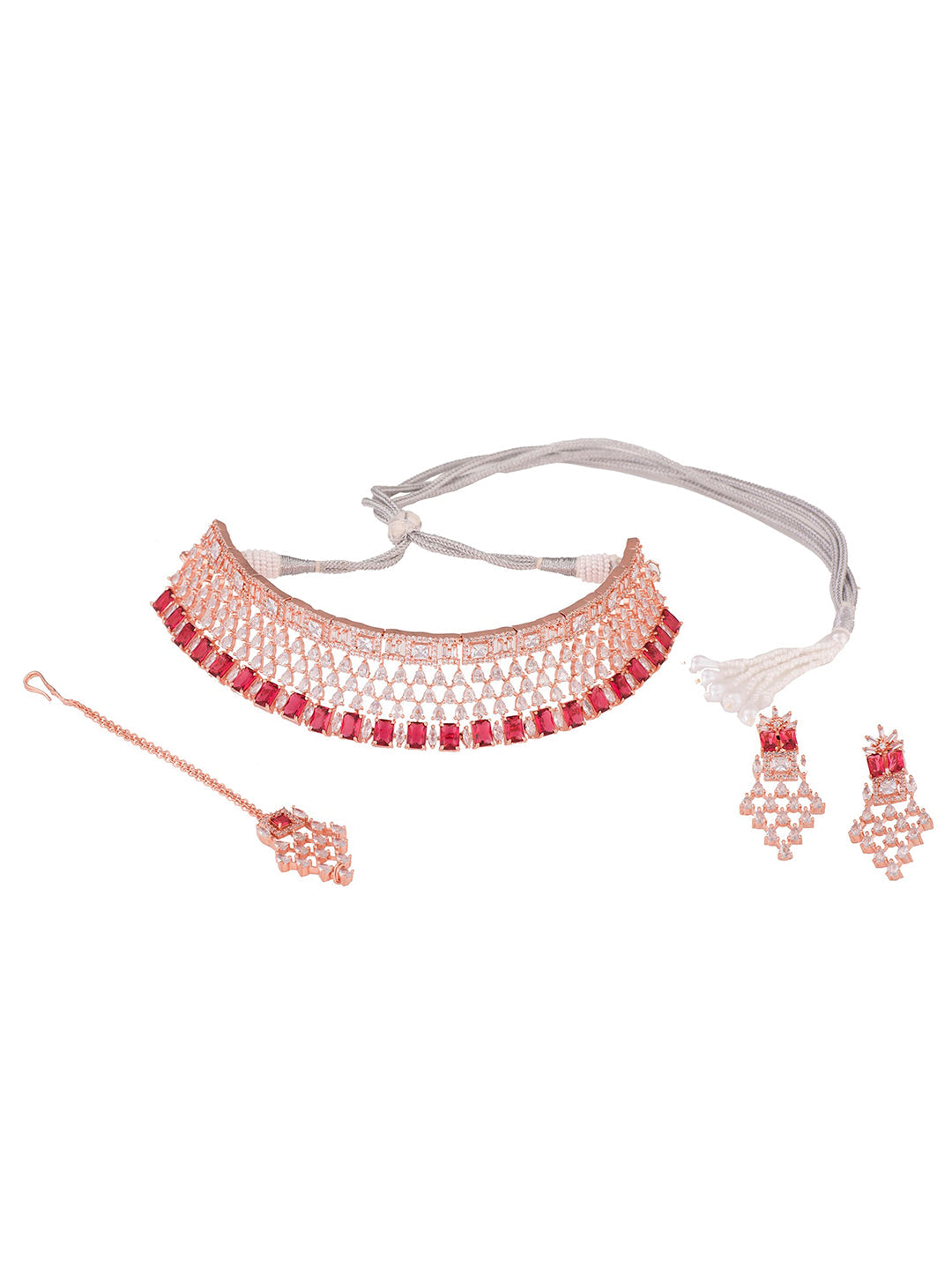 Saraf RS Jewellery Rose Gold-Plated & Red AD & CZ-Studded Contemporary Jewellery Set - Distacart