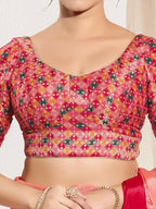Joban Fashion Pink Jacquard Padded Blouse With Round Neck Elbow Sleeves - Distacart