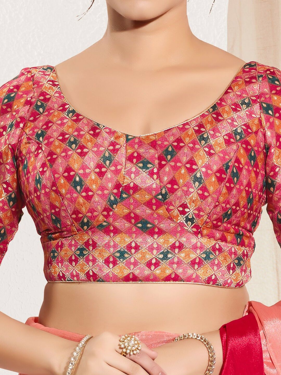 Joban Fashion Pink Jacquard Padded Blouse With Round Neck Elbow Sleeves - Distacart