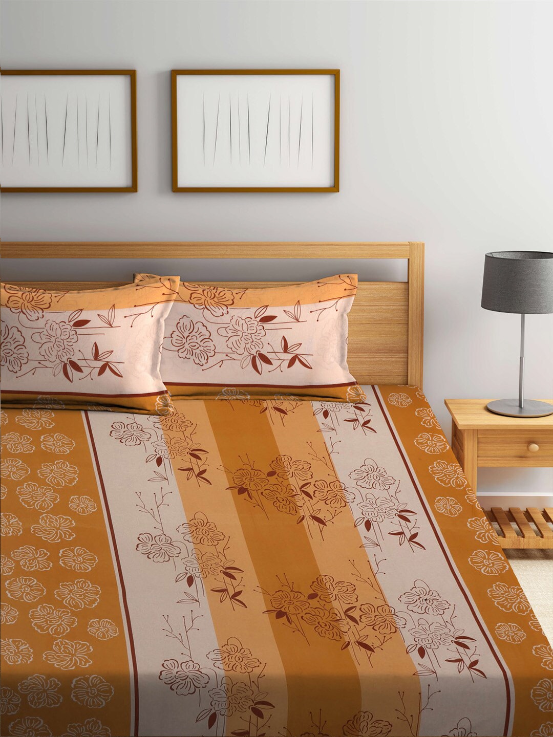BOMBAY DYEING Beige & Yellow Printed Cotton 104 TC King Bedsheet With 2 Pillow Covers