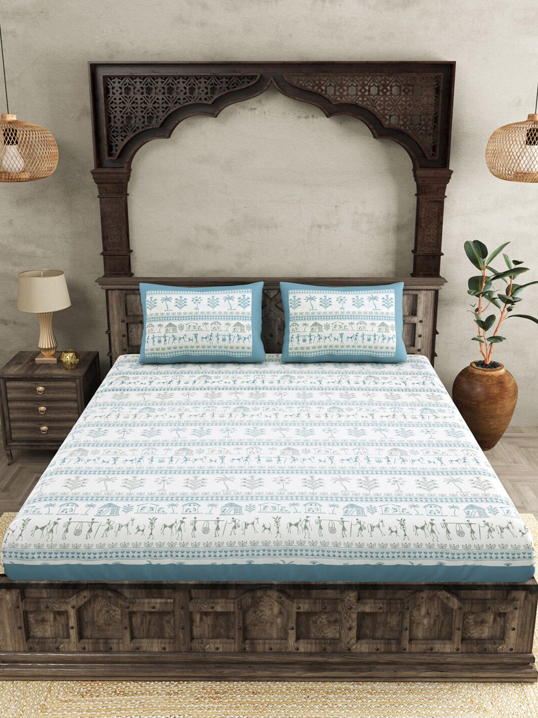 JAIPUR FABRIC Blue Ethnic Motifs Cotton 250 TC Super King Bedsheet With 2 Pillow Covers - Distacart