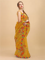 Sangria Mustard & Orange Floral Mirror Work Organza Saree - Distacart