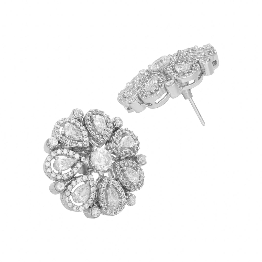 Nuyug Rhodium-Plated Zircon Studded Floral Statement Stud Earrings - Distacart