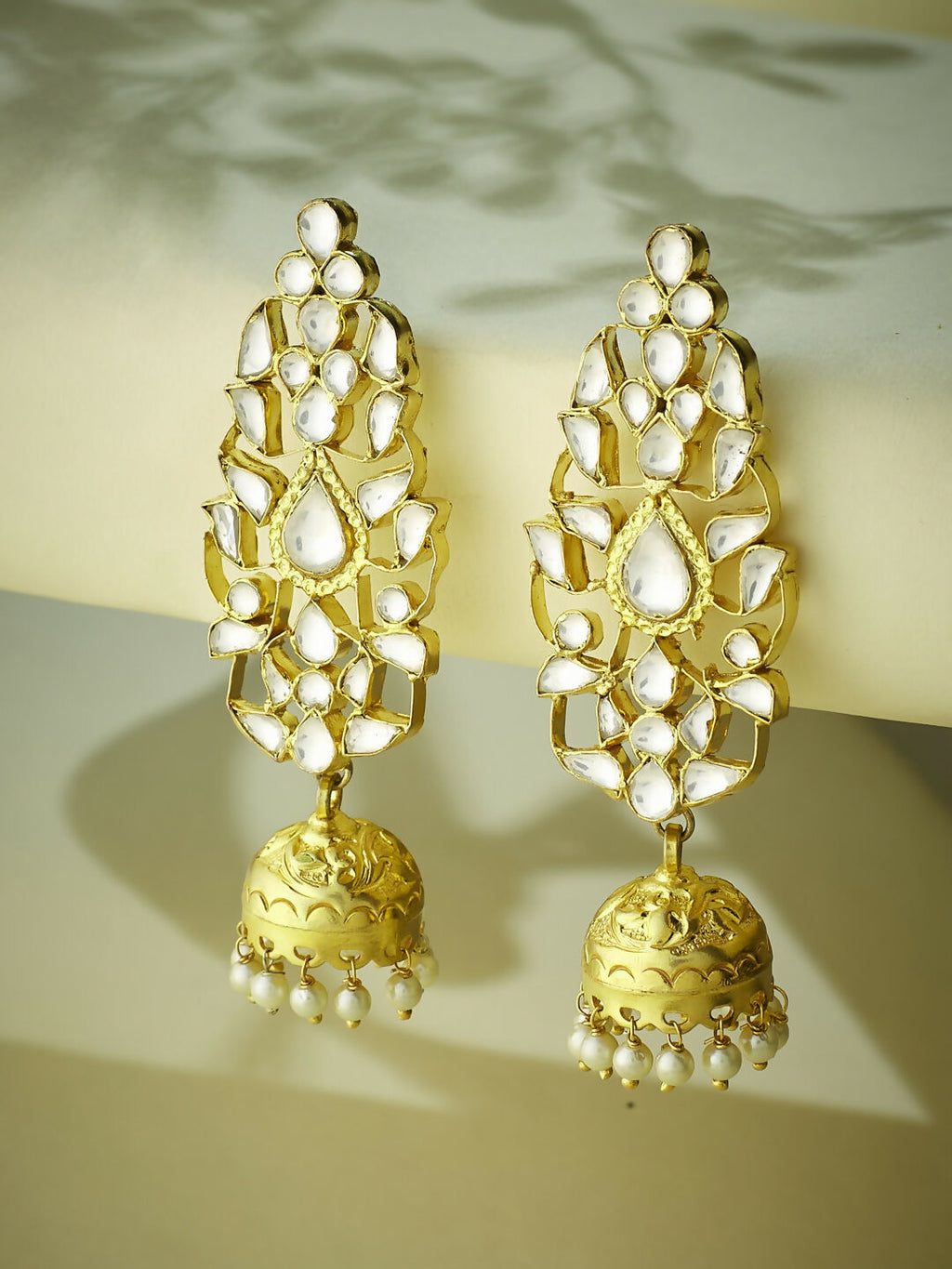 Nuyug 22K Gold-Plated Regal Kundan Stone Studded & Pearl Drop Jhumkas - Distacart