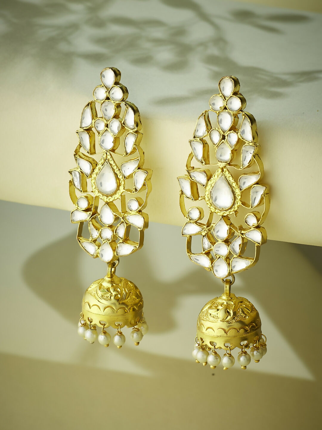 Nuyug 22K Gold-Plated Regal Kundan Stone Studded & Pearl Drop Jhumkas - Distacart