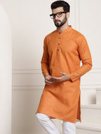 Sojanya Men Orange Dobby Self-Checked Straight Kurta