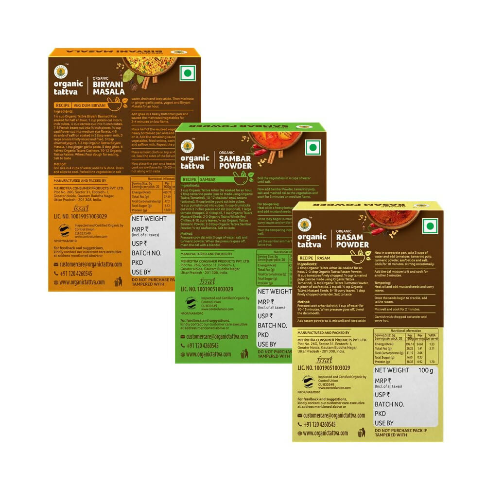 Organic Tattva South-Indian Masala Combo (100 Gm Each)- Sambar Powder, Rasam and Biryani Masala - Distacart