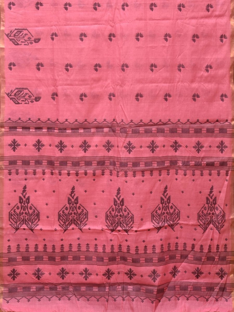 Baby Pink Khadi Cotton Handloom Saree with Buta and One Side Border Design - Global Threads