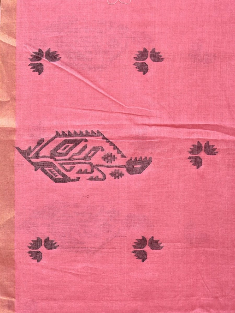 Baby Pink Khadi Cotton Handloom Saree with Buta and One Side Border Design - Global Threads