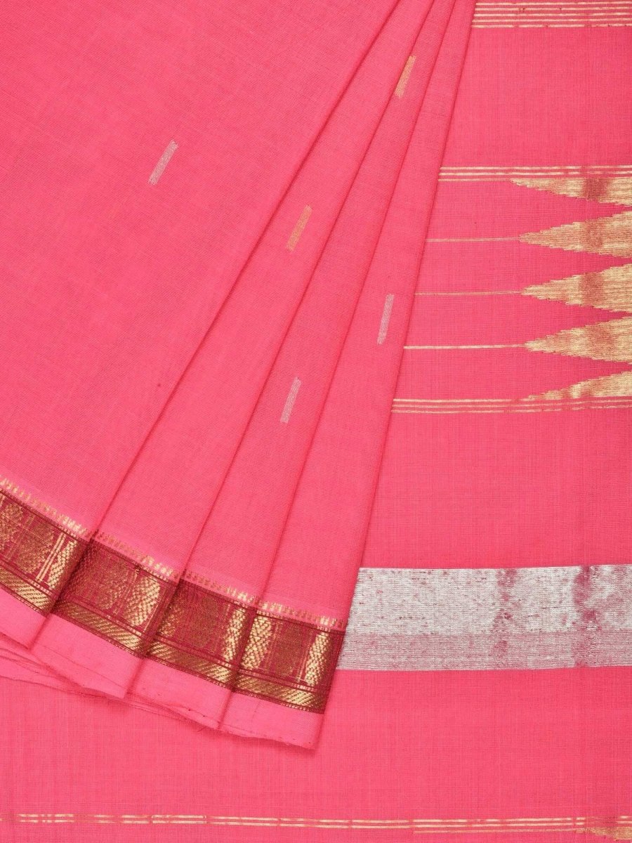 Baby Pink Khadi Cotton Handloom Saree with Doby Border and Zari Strips Pallu Design - Global Threads