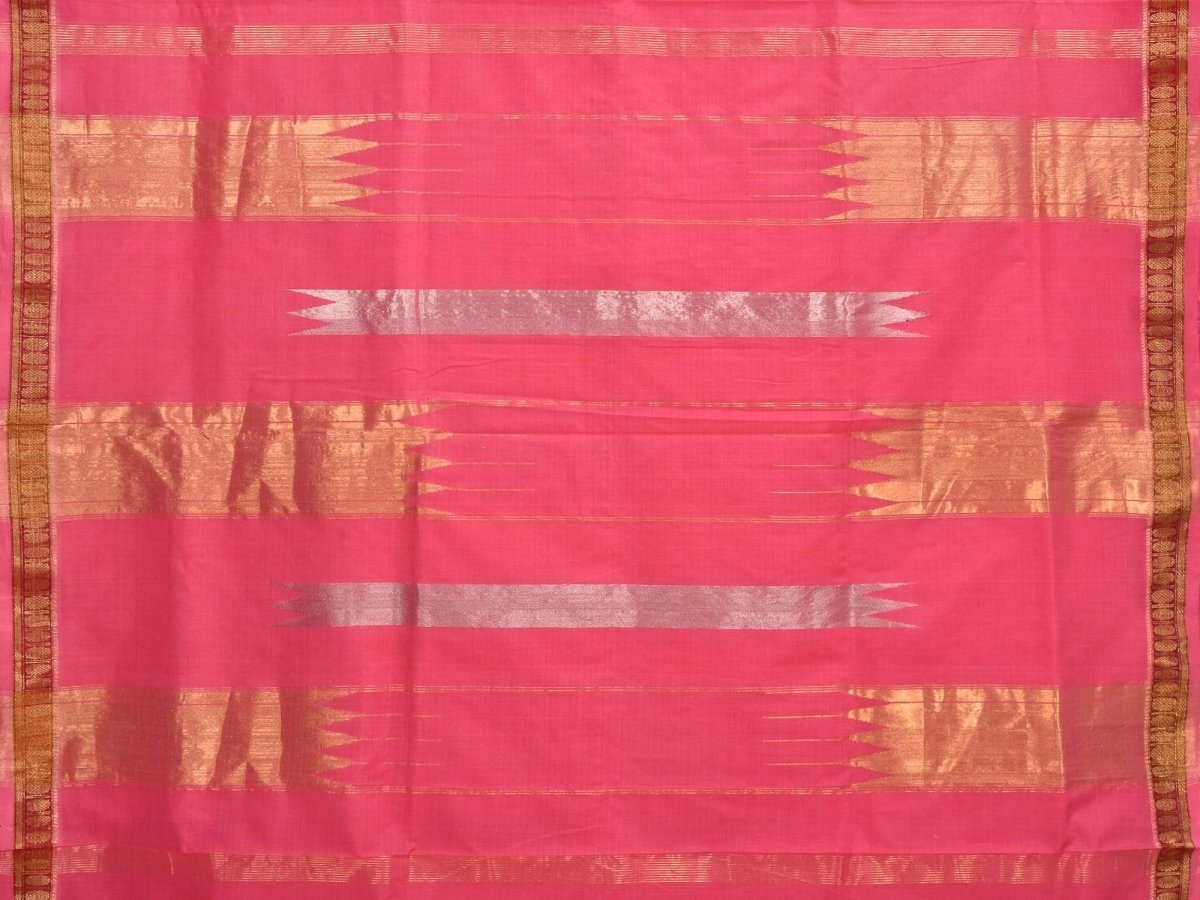 Baby Pink Khadi Cotton Handloom Saree with Doby Border and Zari Strips Pallu Design - Global Threads