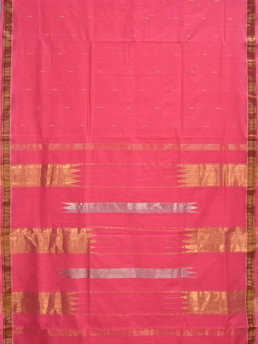 Baby Pink Khadi Cotton Handloom Saree with Doby Border and Zari Strips Pallu Design - Global Threads