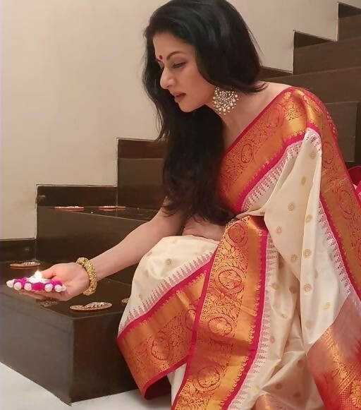 DEIANA'S Beautiful Designer Golden zari Soft Lichi Silk Saree - White