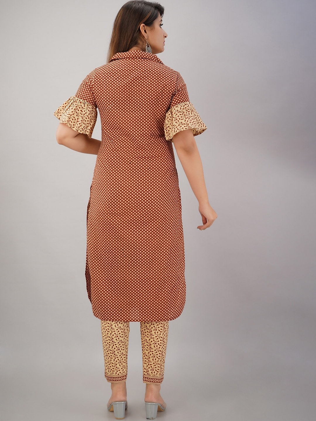HERE&NOW Maroon & Beige Ethnic Motifs Printed Shirt Collar Kurta with Trousers