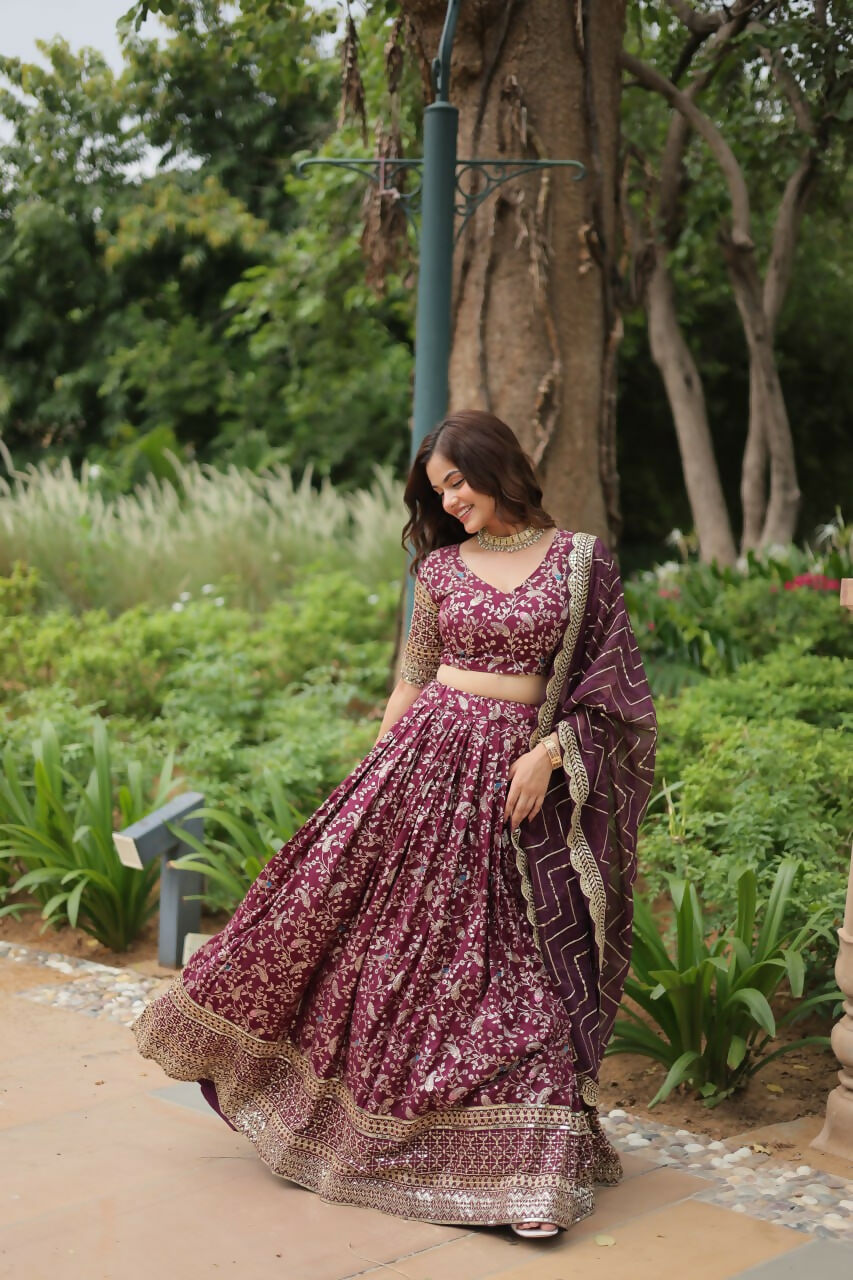 Lorenvalley Wine Pure Viscose Jacquard with Golden Embroidered Sequins work Lehenga Choli