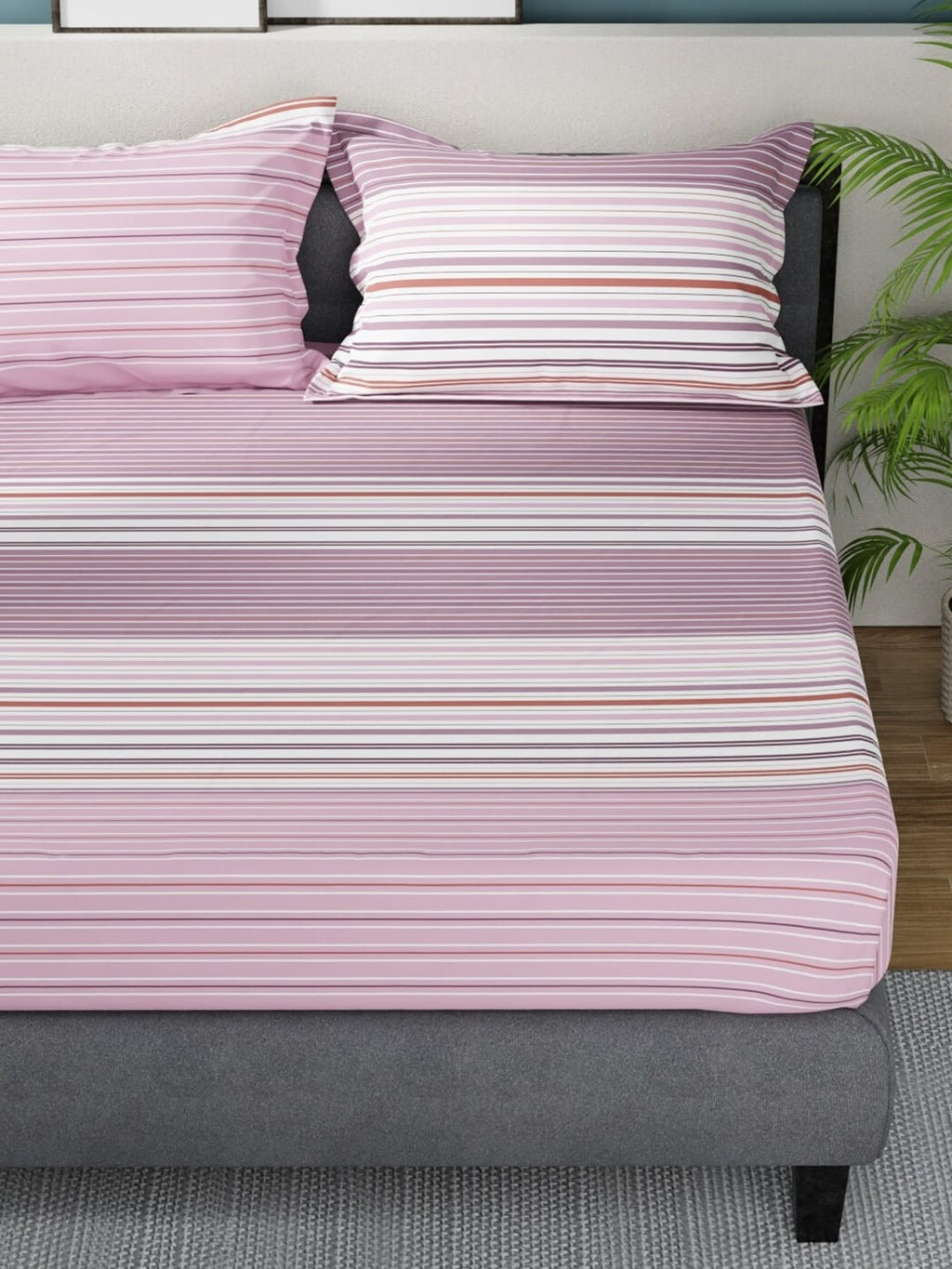 Nautica Bradford Pink & White Striped Cotton 160 TC King Bedsheet with 2 Pillow Covers