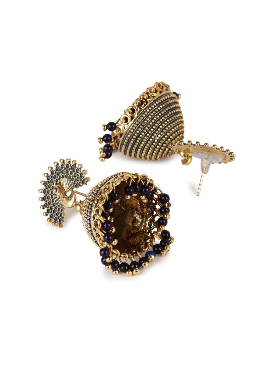 Anikas Creation Gold Plated & Blue Enamelled Peacock Shaped Jhumkas - Distacart