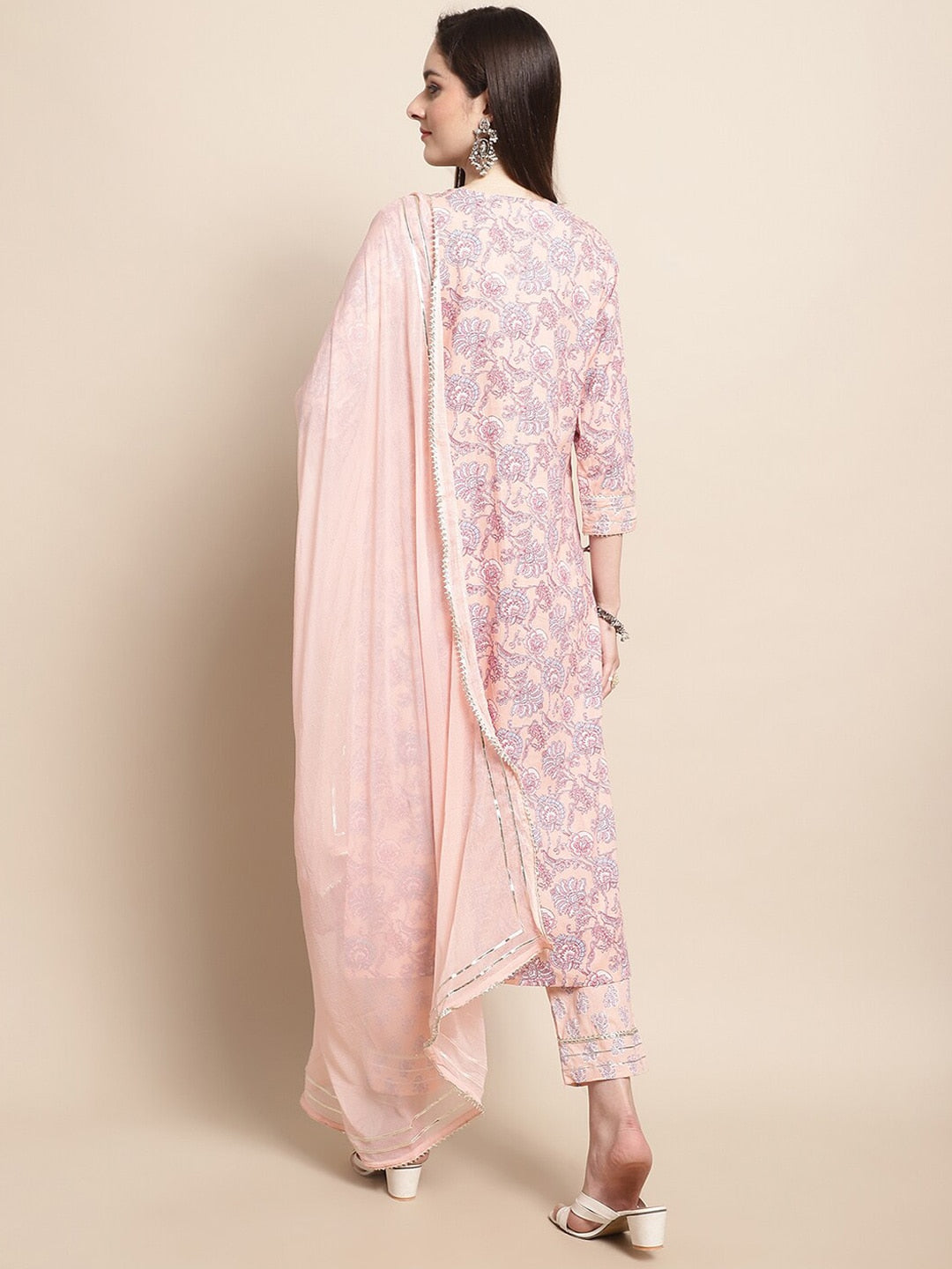 Sangria Printed & Embroidered Pure Cotton A-Line Kurta With Trouser & Dupatta - Distacart