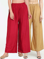 TAG 7 Women Pack of 2 Maroon & Beige Solid Wide-Leg Palazzos