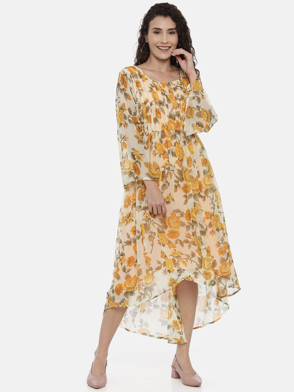 Souchii Women Cream-Coloured Floral Printed A-Line Dress - Distacart