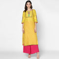 Cheera Hand Block Print Yellow & Magenta Straight Kurta With Palazzo (MAAI-084K)