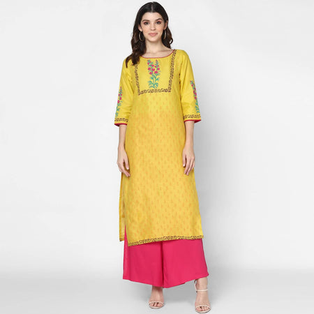 Cheera Hand Block Print Yellow & Magenta Straight Kurta With Palazzo (MAAI-084K)