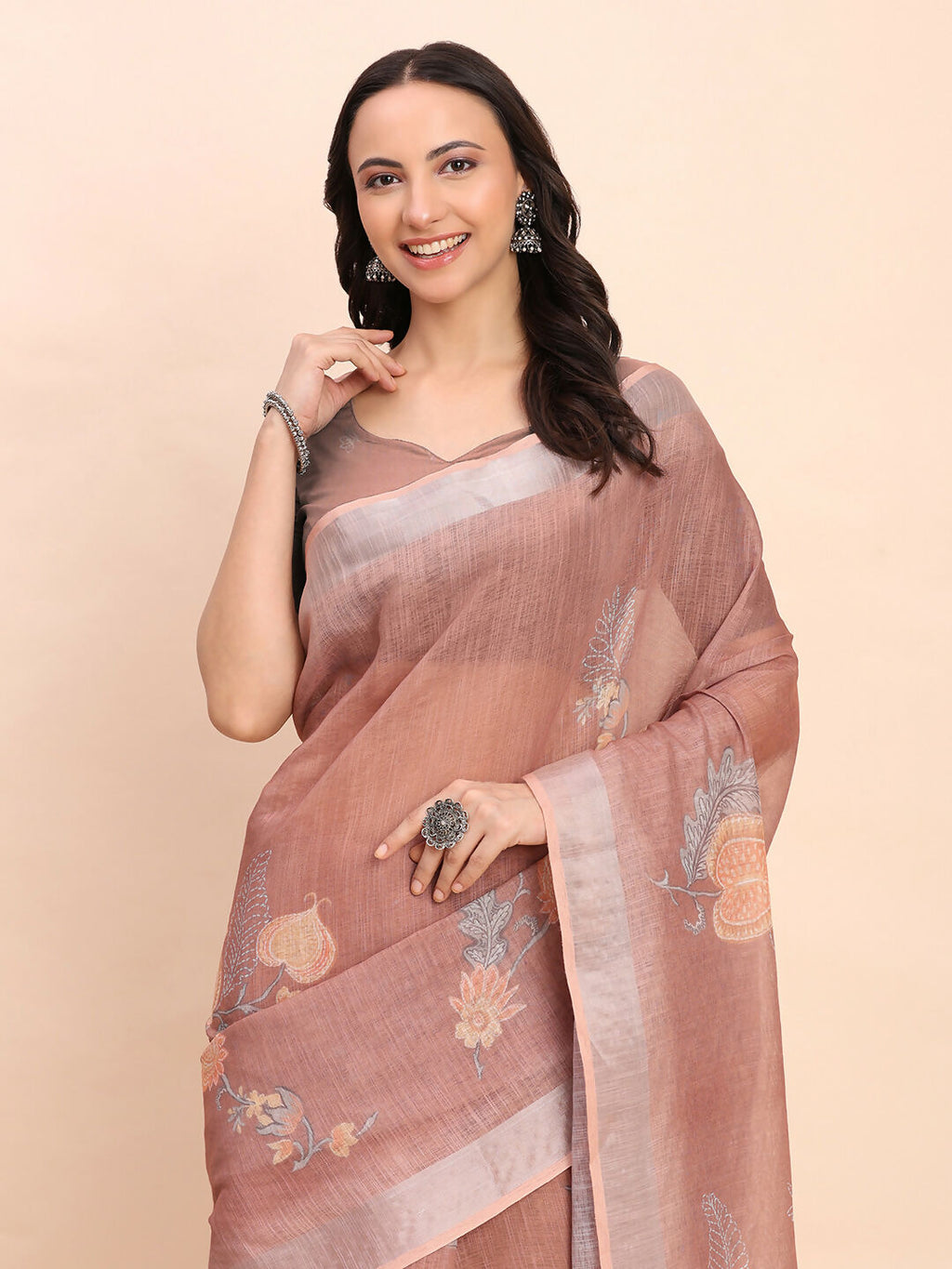 Shree Shyam Fashion Linen Cotton Brown Saree - Distacart