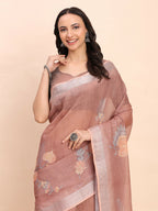Shree Shyam Fashion Linen Cotton Brown Saree - Distacart