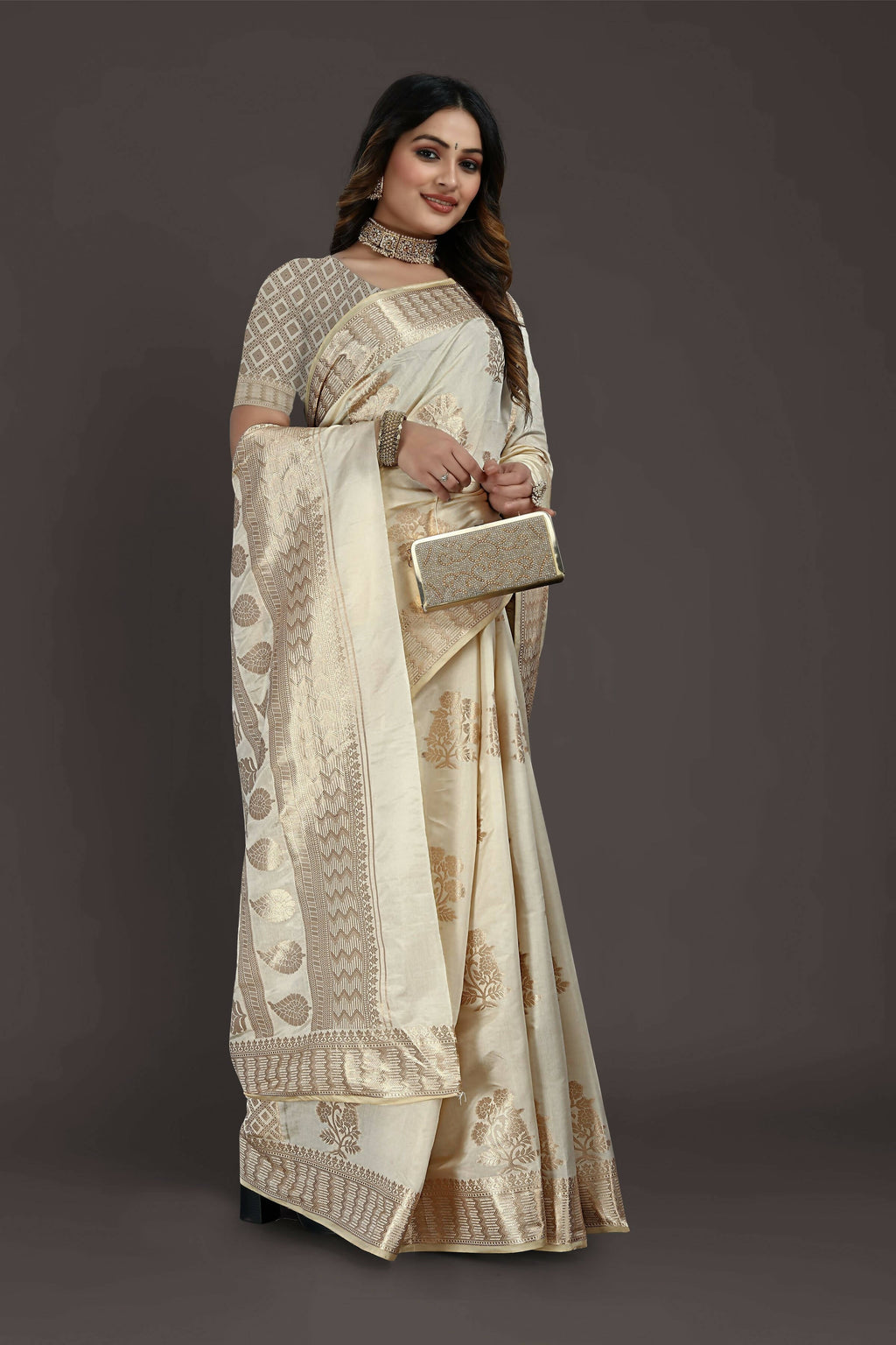 Off White Pure Raw Silk Zari Woven Saree with Unstitched Blouse Piece - Alisha