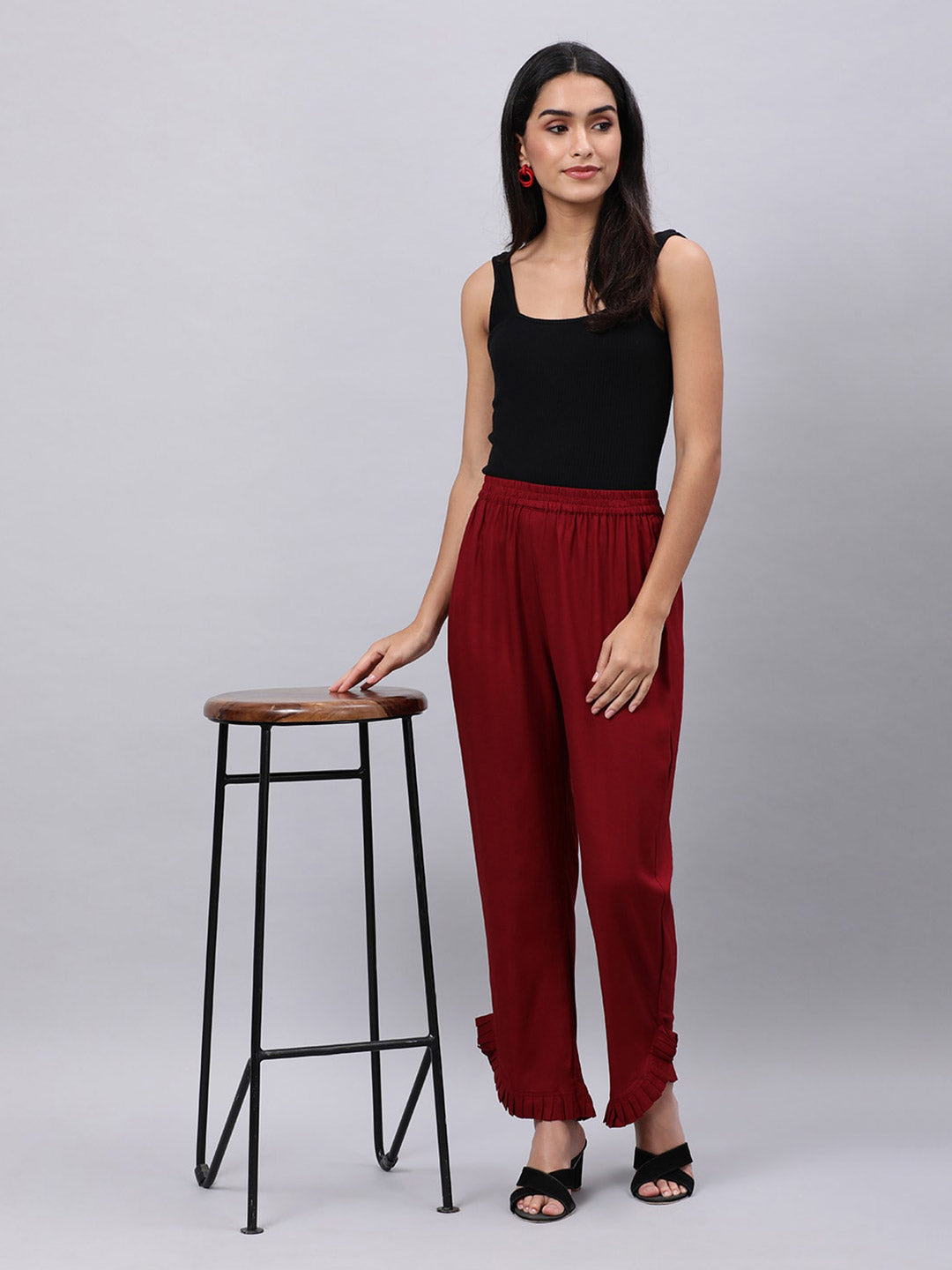 Souchii Women Maroon Solid Pleated Ruffled Liva Palazzos - Distacart