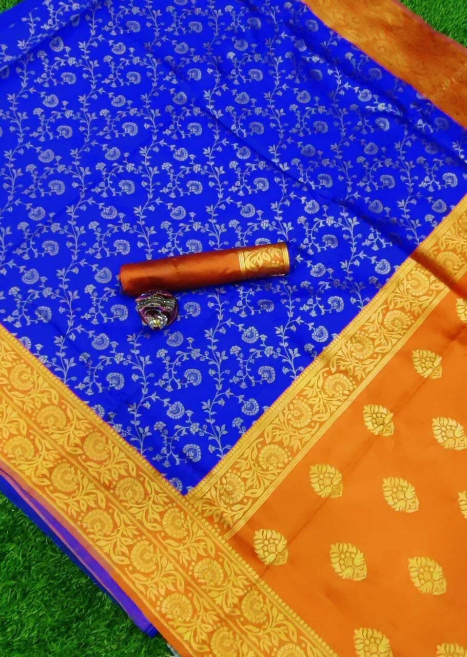DEIANA'S Beautiful Designer Golden zari Soft Lichi Silk Saree - Royal Blue