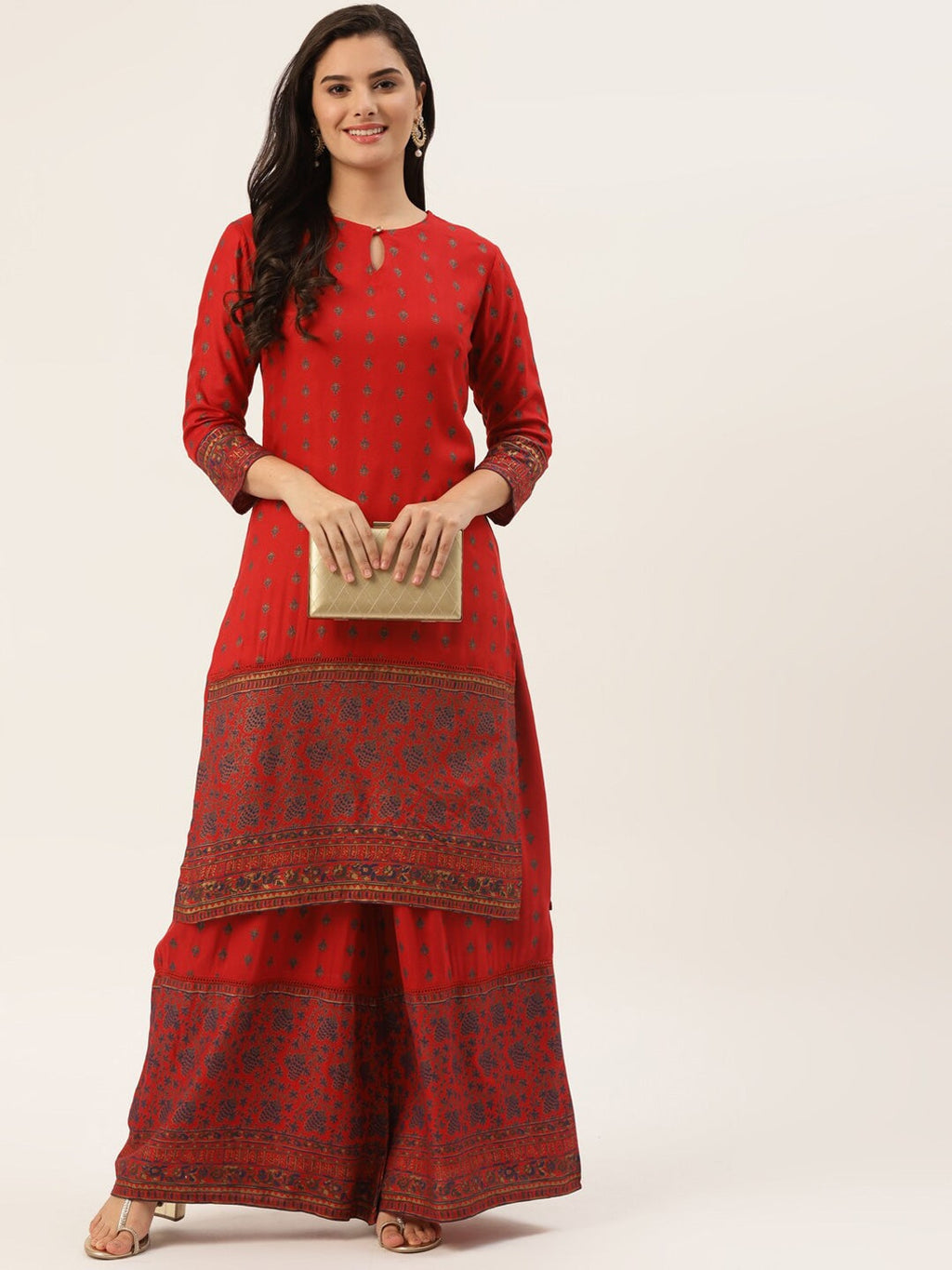 HERE&NOW Women Red Ethnic Motifs Printed Kurta with Palazzos
