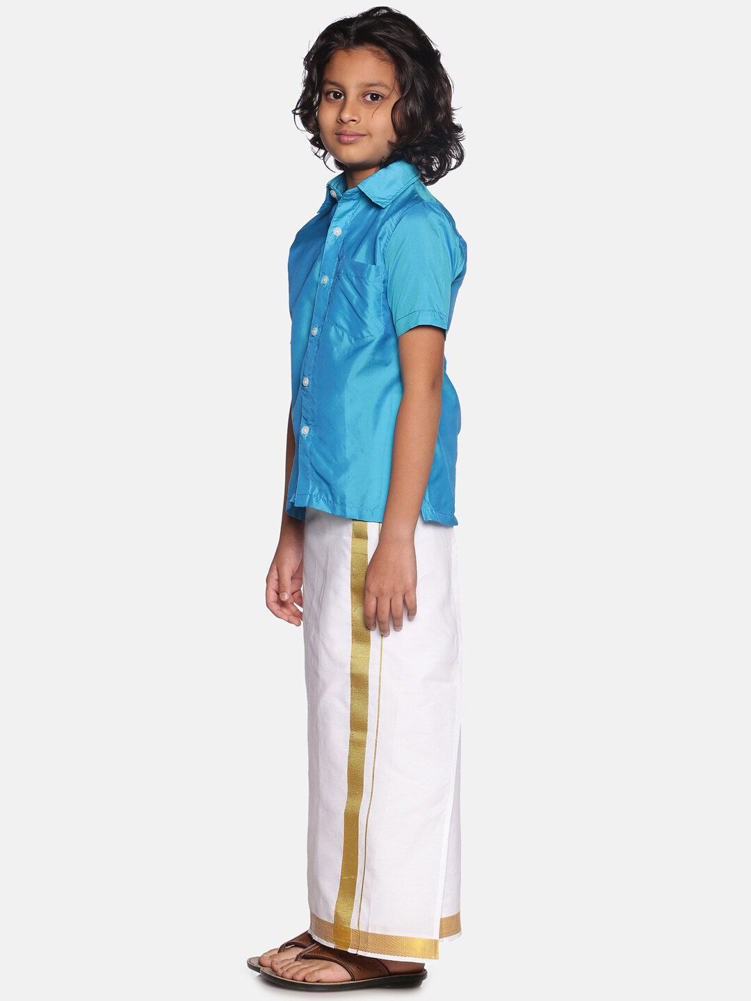 Sethukrishna Boys Turquoise Blue & White Solid Cotton Shirt & Dhoti Set