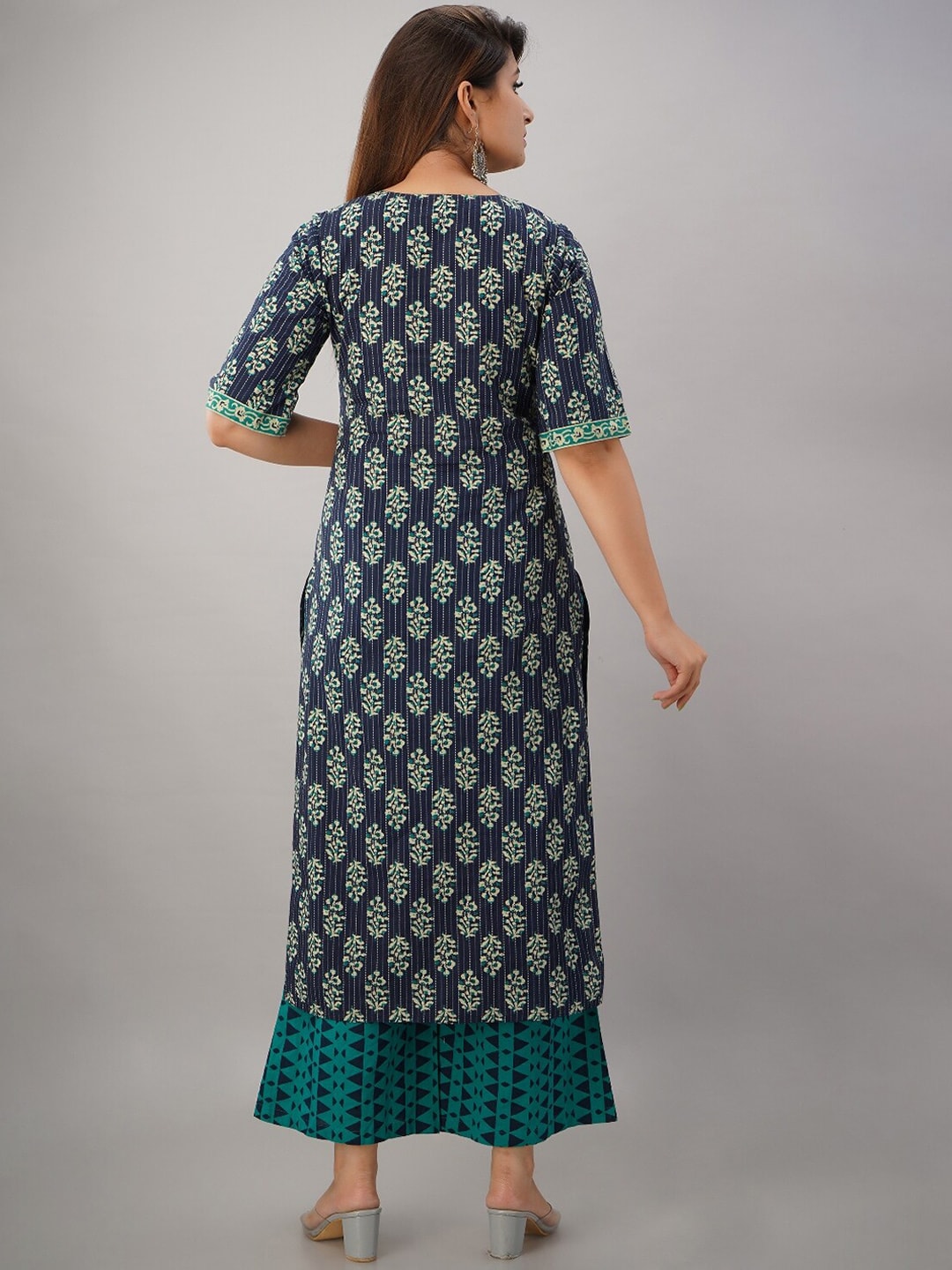 HERE&NOW Turquoise Blue Floral Printed Regular Kurta with Palazzos
