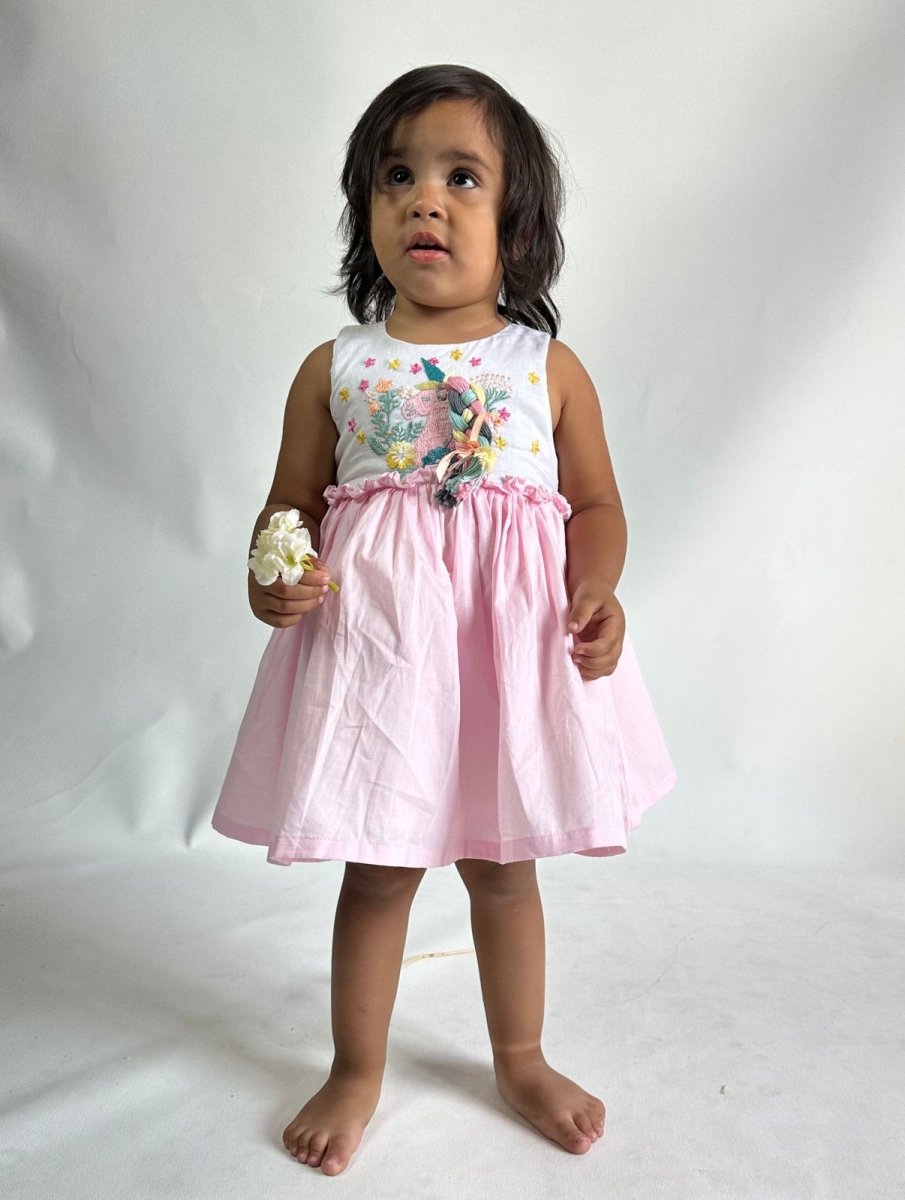 ArthLife White And Pink Unicorn Embroidered Dress