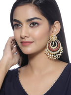 Shoshaa Red & Off-White Kundan Studded & Beaded Crescent Shaped Chandbalis - Distacart