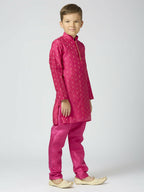 Joban Fashion Kids Island Full Sleeves Chanderi Kurta, Pyjama Set with Traditional Butta Work - Rani Pink - Distacart