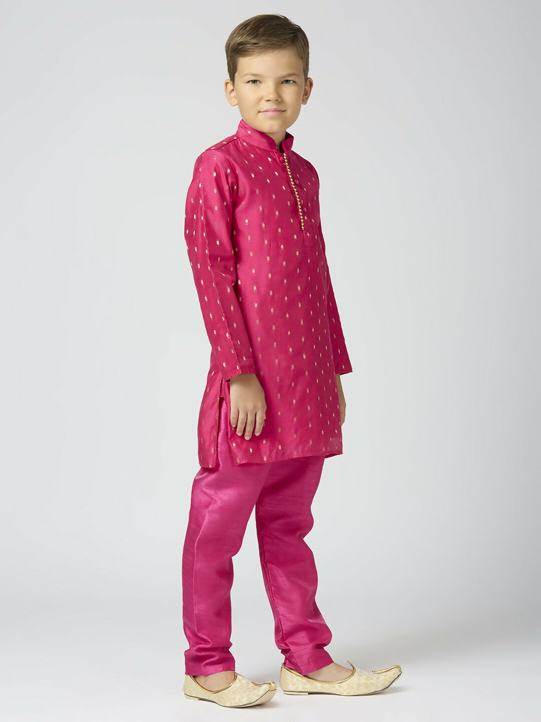 Joban Fashion Kids Island Full Sleeves Chanderi Kurta, Pyjama Set with Traditional Butta Work - Rani Pink - Distacart