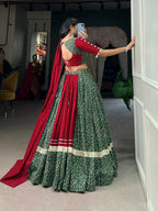 Vastranavya Navaratri Special Pure Cotton Printed With Gota Patti And Lace Touch Up Lehenga with Stitched Choli - Green