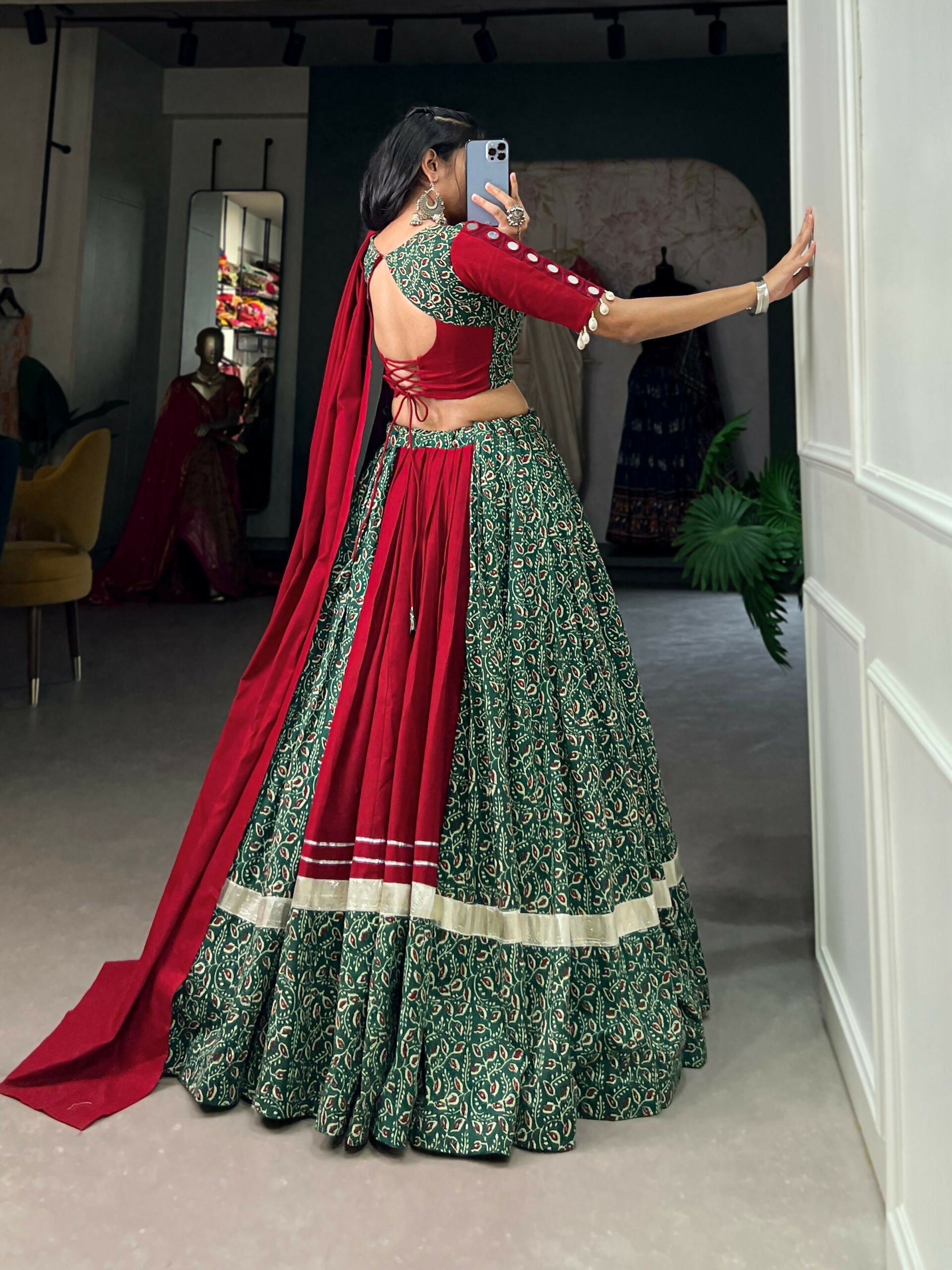 Vastranavya Navaratri Special Pure Cotton Printed With Gota Patti And Lace Touch Up Lehenga with Stitched Choli - Green