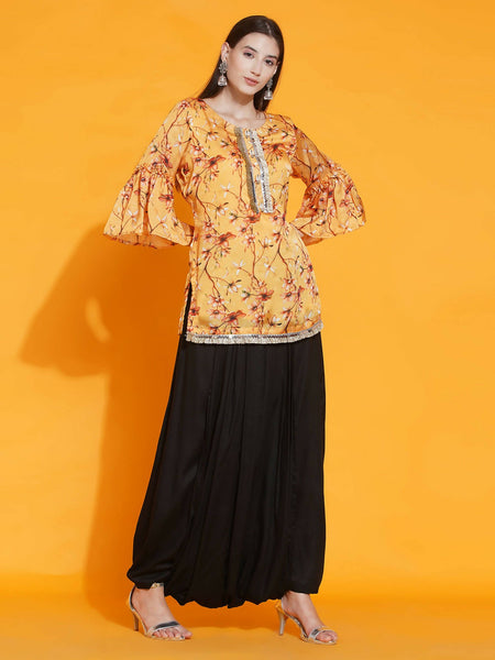 Women Republic Yellow Printed Satin Georgette Shirt With Bell Sleeves And Dhoti