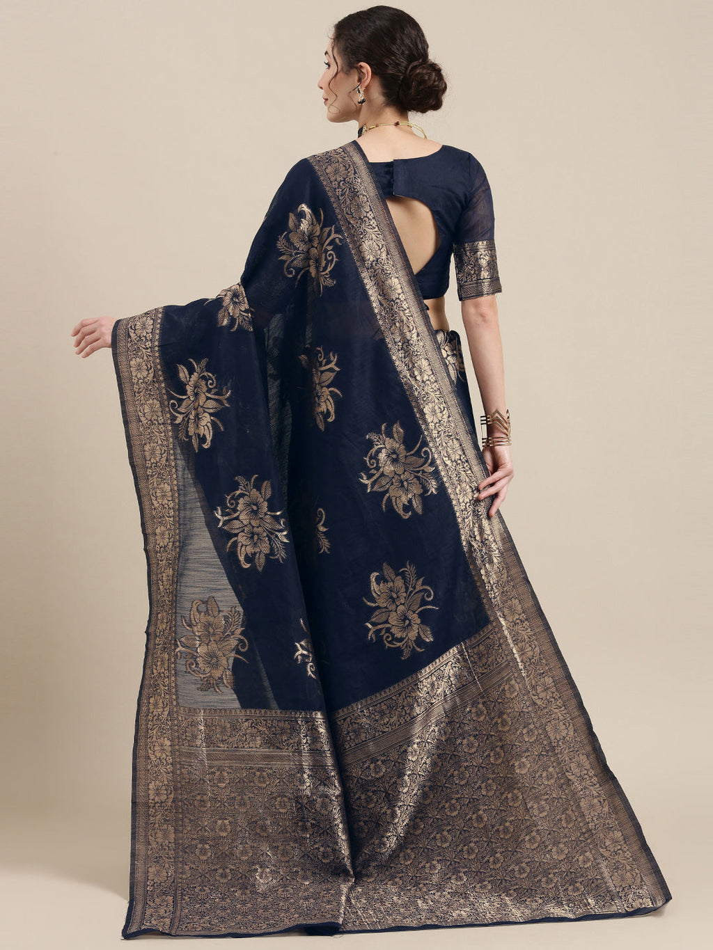Saree Mall Navy Blue Floral Linen Blend Banarasi Saree - Distacart
