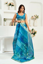 Vastranavya Aqua Blue Digital Printed Linen Ready To Wear Designer Saree with Unstitched Blouse - Distacart