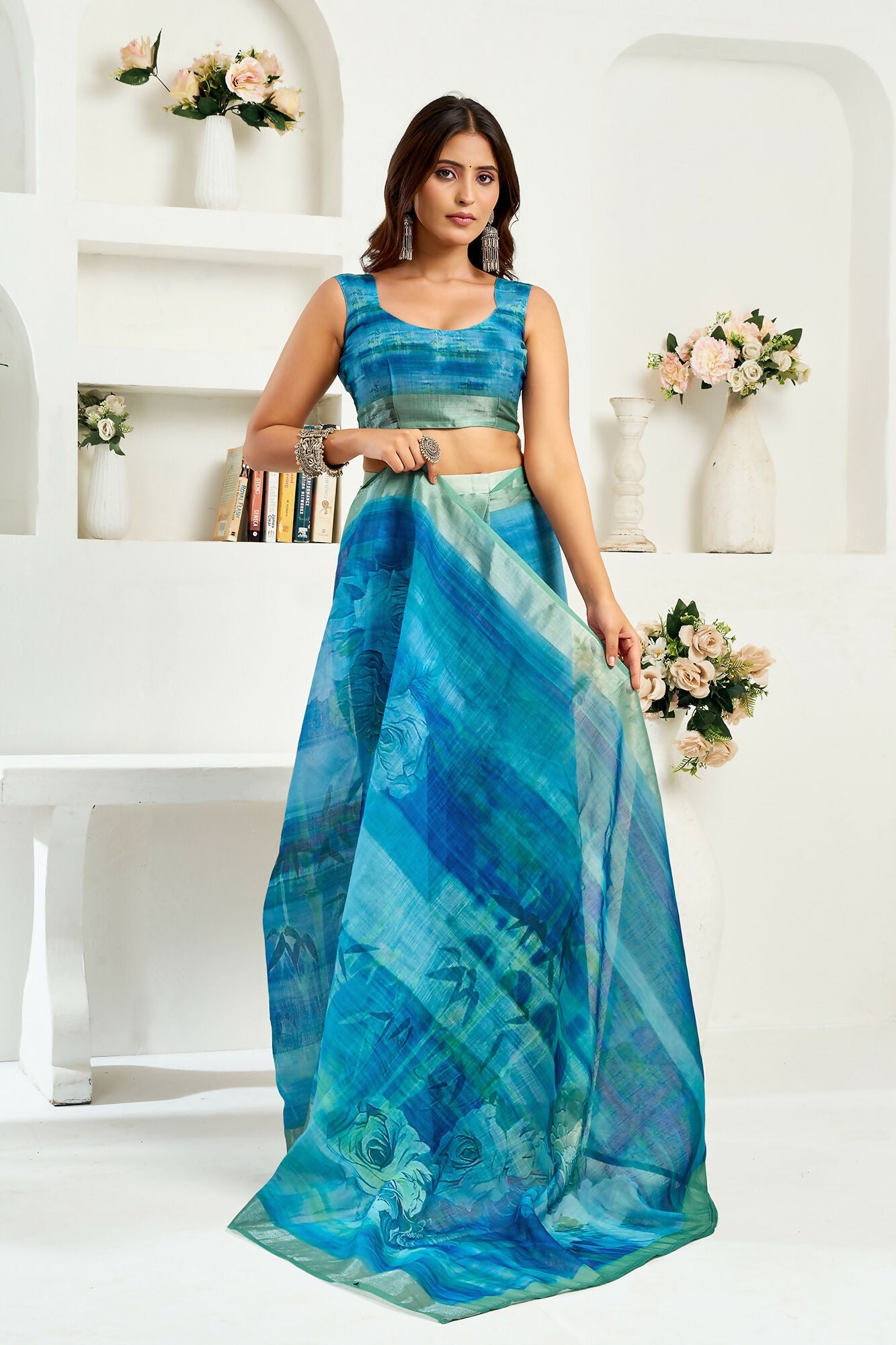 Vastranavya Aqua Blue Digital Printed Linen Ready To Wear Designer Saree with Unstitched Blouse - Distacart