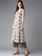 HERE&NOW Women Beige & Grey Printed Kurta with Palazzos