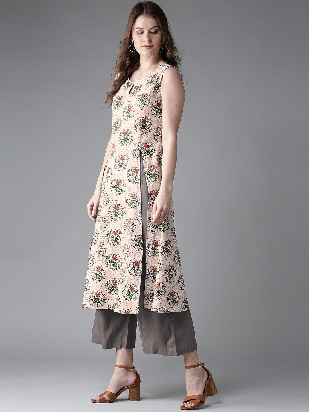 HERE&NOW Women Beige & Grey Printed Kurta with Palazzos