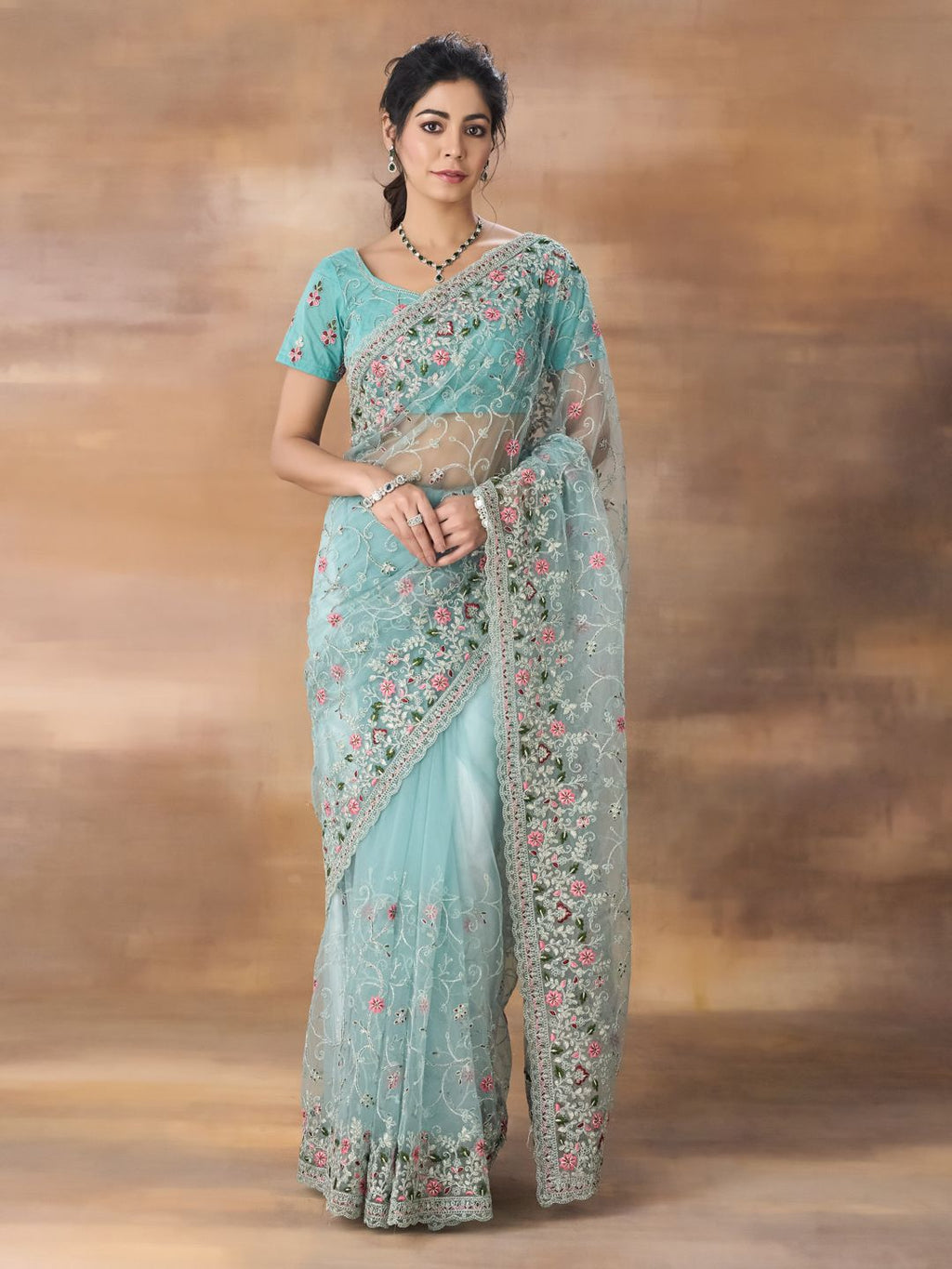kasee Floral Embroidered Net Saree - Distacart
