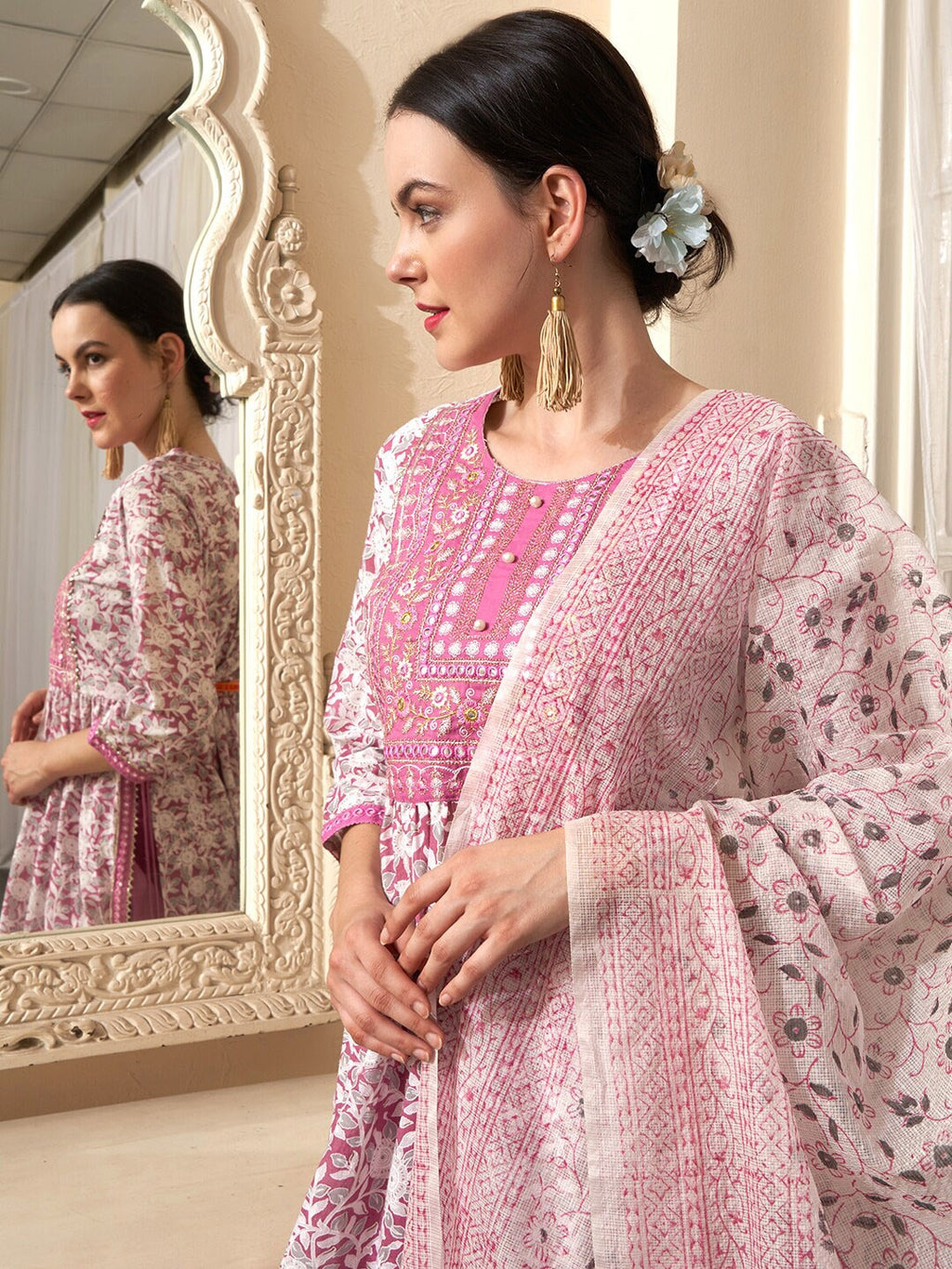 Sangria Mauve Embroidered Straight Pure Cotton Kurta With Trouser & Dupatta