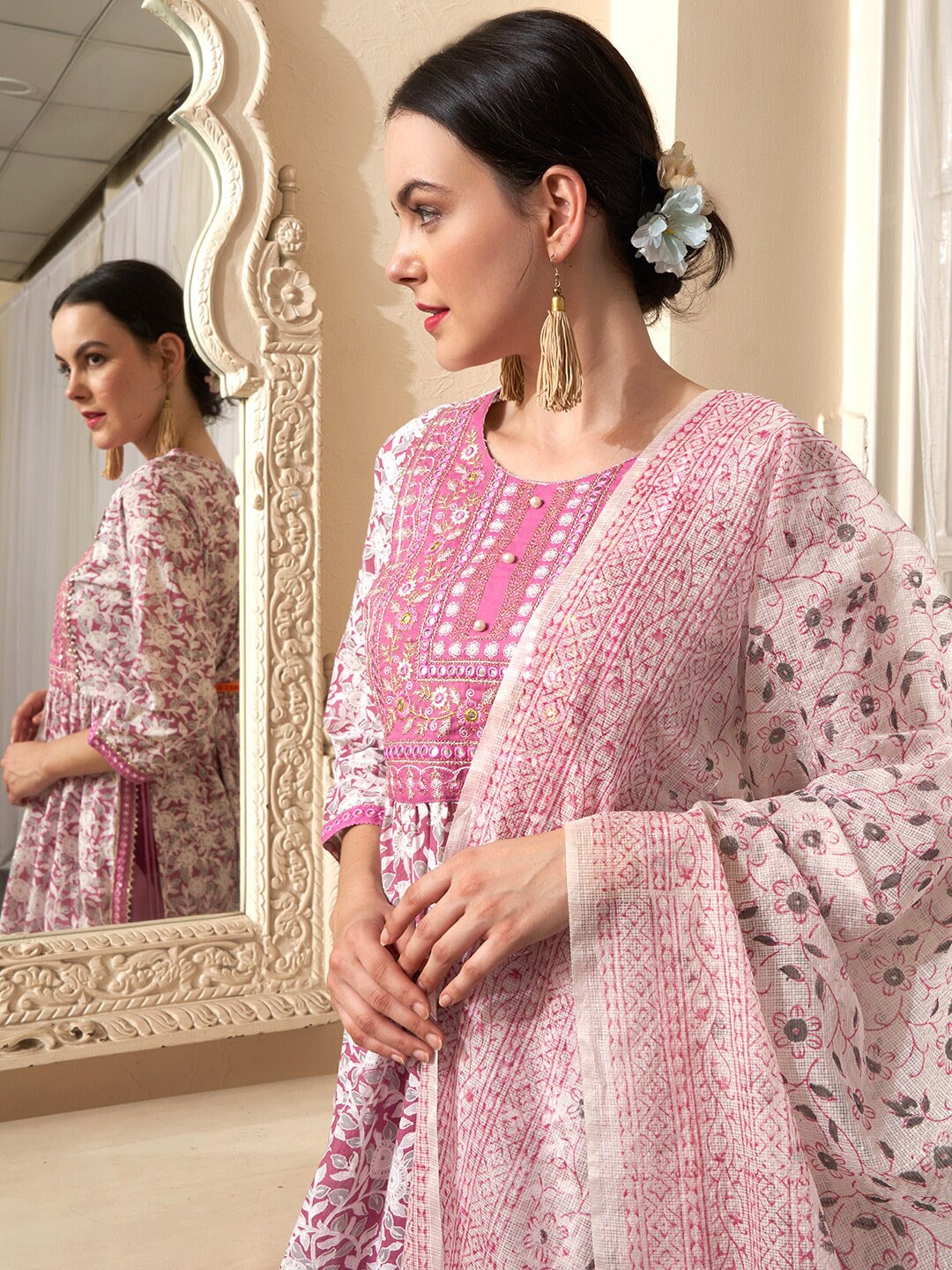 Sangria Mauve Embroidered Straight Pure Cotton Kurta With Trouser & Dupatta